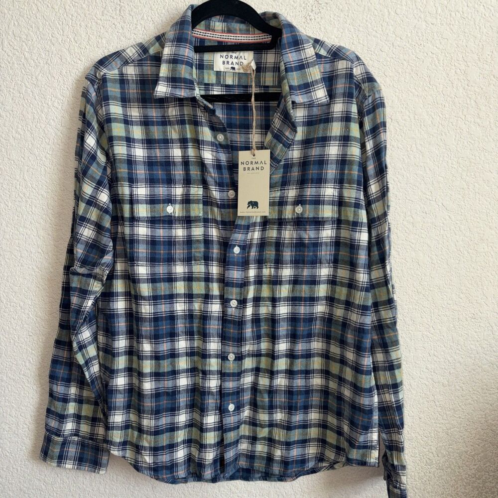 New The Normal Brand Flannel Plaid Mountain Overshirt Blue L Conrad Hiking Cabin